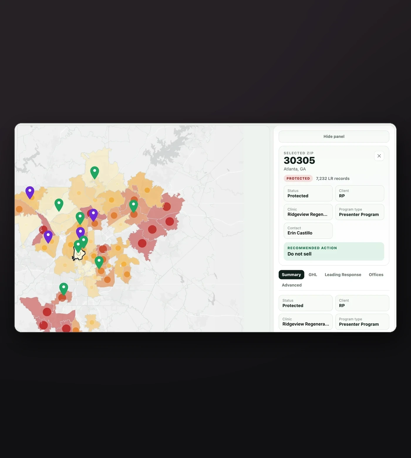 Regen Profits territory map: ZIP coverage with the selected ZIP's status and recommended action