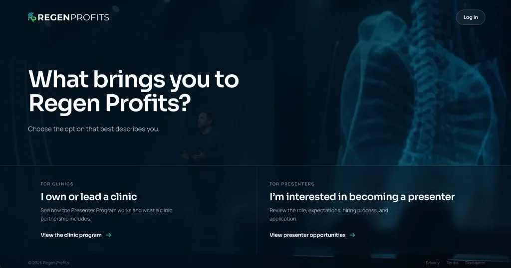 Regen Profits website entry page asking visitors whether they own a clinic or want to become a presenter